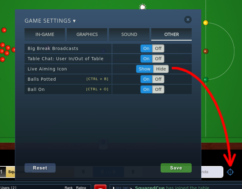 game settings / other / live aiming icon
